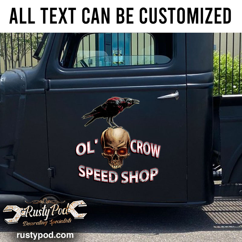 personalized crow and skull hot rod lettering sticker 10919